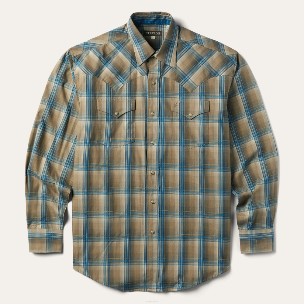 Stetson Khaki Ombre Plaid Shirt Brown Men Apparel 00LX336