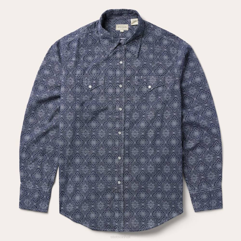 Stetson Medallion Print Western Shirt Blue Men Apparel 00LX328