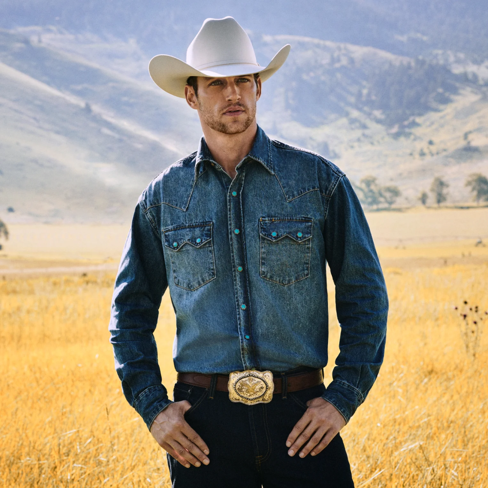 Stetson Turquoise Snap Western Denim Shirt Blue Men Apparel 00LX297