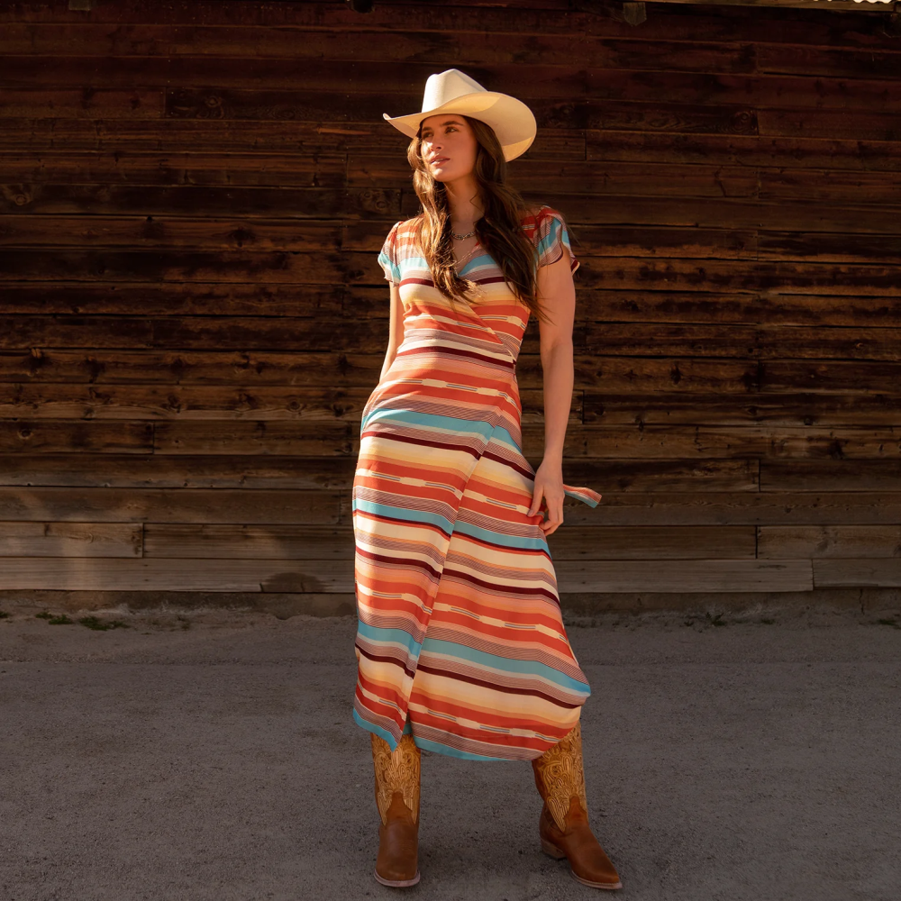 Stetson Sunset Serape Print Rayon Herringbone Wrap Front Dress Multi Women Apparel 00LX491
