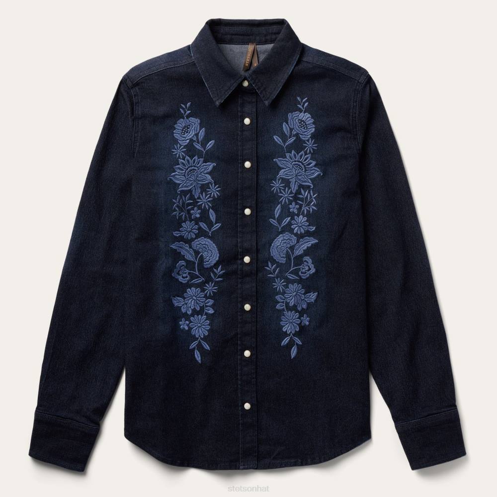 Stetson Embroidered Dark Denim Snap Front Blouse Blue Women Apparel 00LX431
