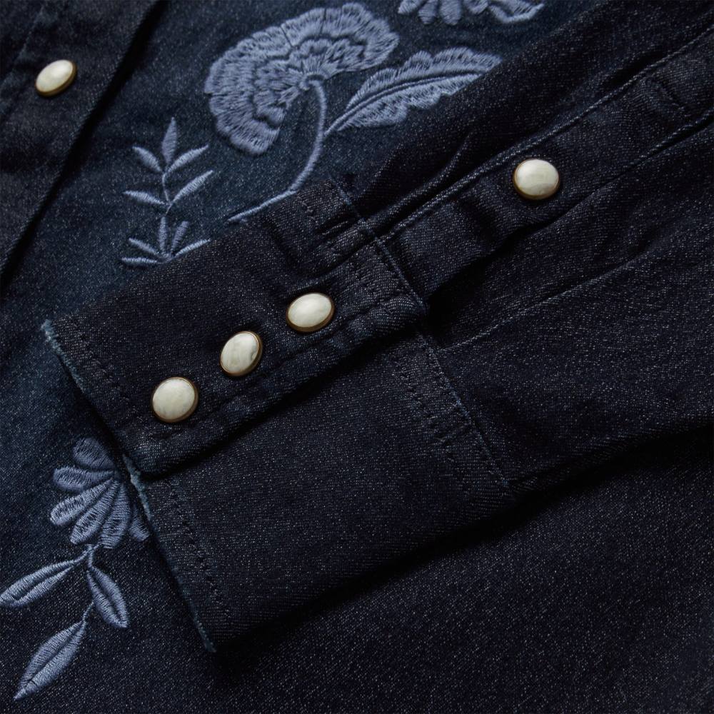 Stetson Embroidered Dark Denim Snap Front Blouse Blue Women Apparel 00LX431