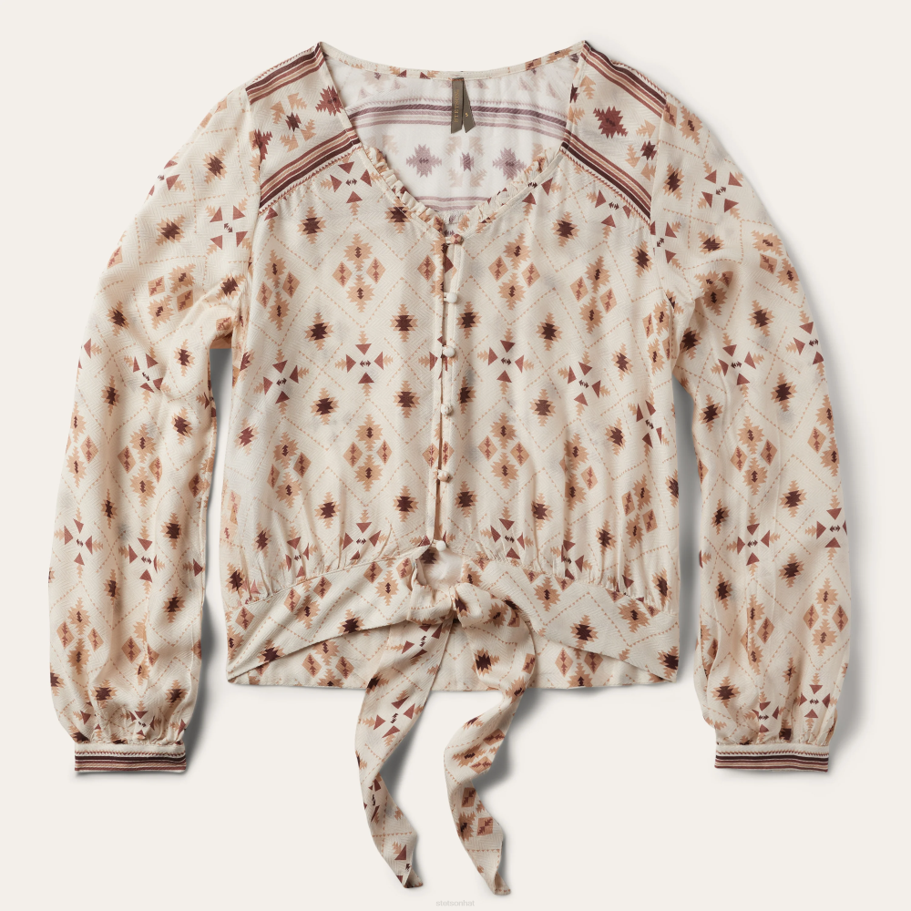 Stetson Gaucho Border Print Rayon Herringbone Blouse White Women Apparel 00LX447