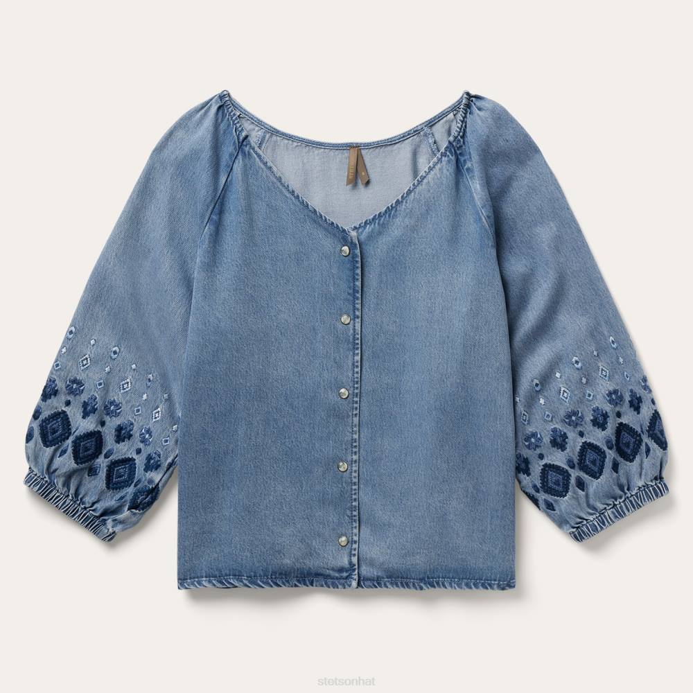Stetson Lyocell Denim Snap Front Blouse Blue Women Apparel 00LX440