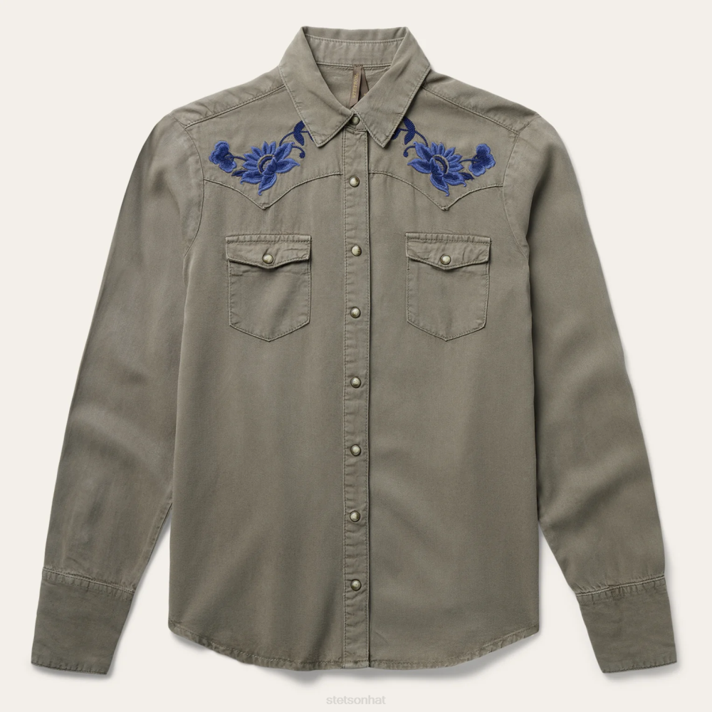 Stetson Olive Lyocell Twill Western Blouse Green Women Apparel 00LX444