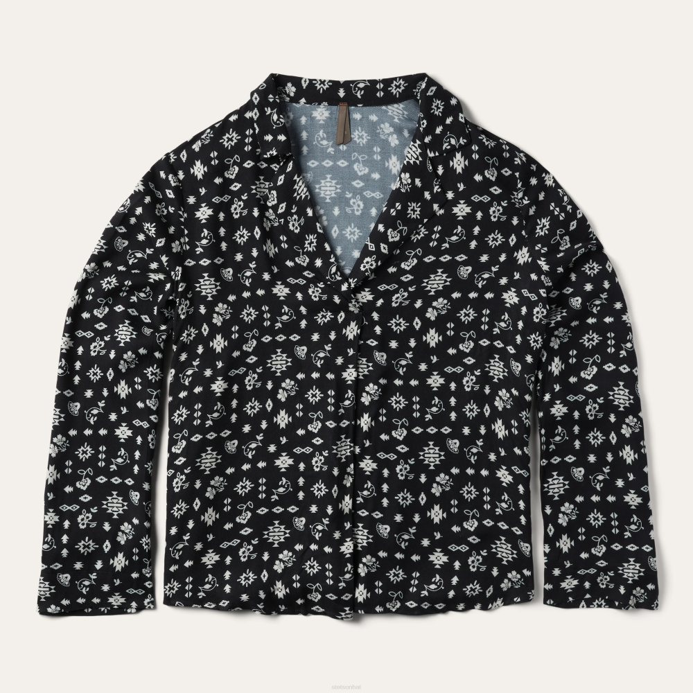 Stetson Southwestern Ditzy Print Rayon Twill Blouse Black Women Apparel 00LX442