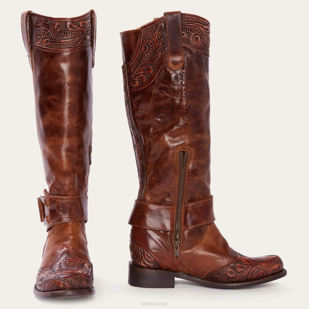 Stetson Burnished Cognac Paisley Side Zip Cowboy Boot Tan Women Footwear 00LX263